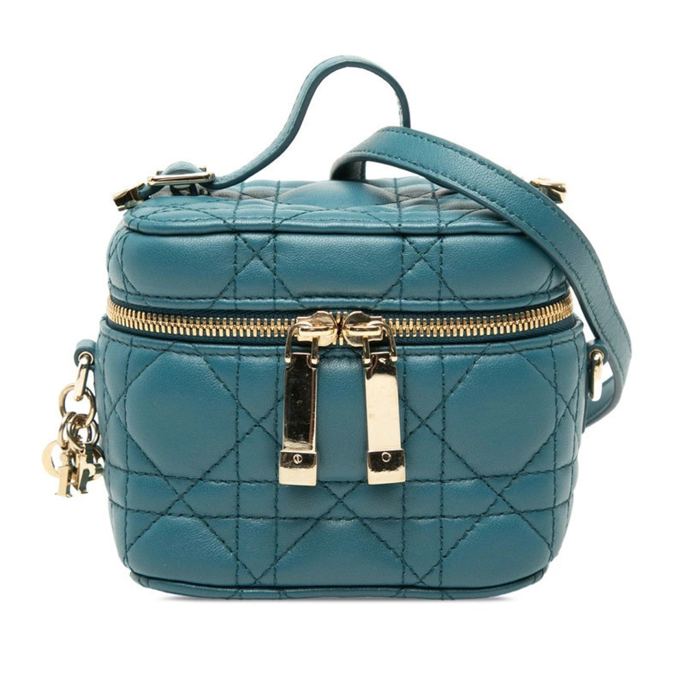 Christian Dior Cannage Vanity Bag Shoulder Blue Lambskin
